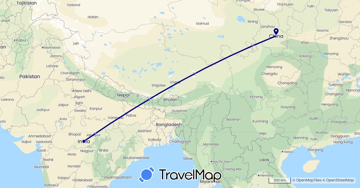 TravelMap itinerary: driving in China, India (Asia)